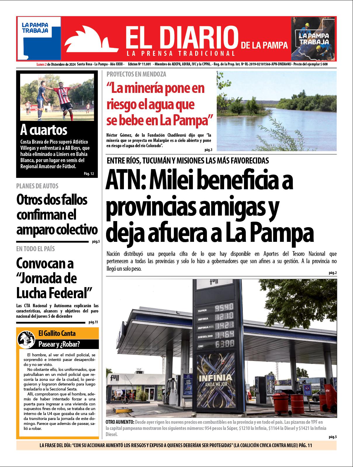 Tapa de El Diario en papel  lunes 02 de diciembre de 2024